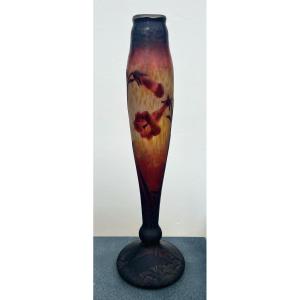 Antique Tobacco Flower Vase Signed Daum Nancy Hammered Glass Paste Circa 1910