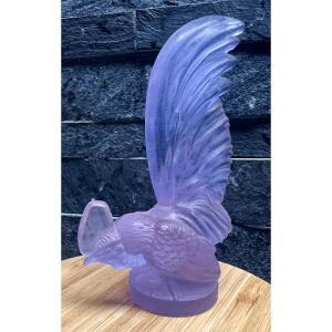 Sculpture verre violet le coq nain par Lalique France 