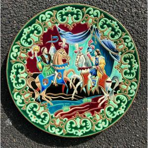 Grand plat émaux de longwy entrevue royale par Paul mignon  