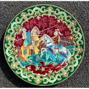 Grand plat émaux de longwy le tournoi par Paul Mignon 