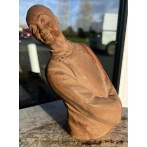 Antique Terracotta Sculpture Of The Mandarin Signed Gaston Hauchecorne 1930 Art Deco 