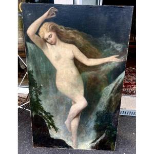 Grand tableau femme nue au torrent signé fin 19 eme 
