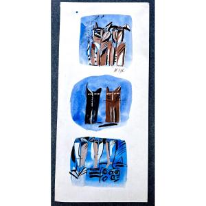 Peinture gouache les chats signé madeleine Pyk 1970 Suède