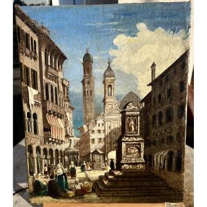 Antique Painting Of The Piazza San Antonio In Padua, 19th Century, Italian School 