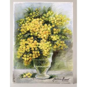 Aquarelle le bouquet de mimosas signé Madeleine Renaud