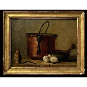 Ancien tableau nature morte au chaudron école française 19 eme