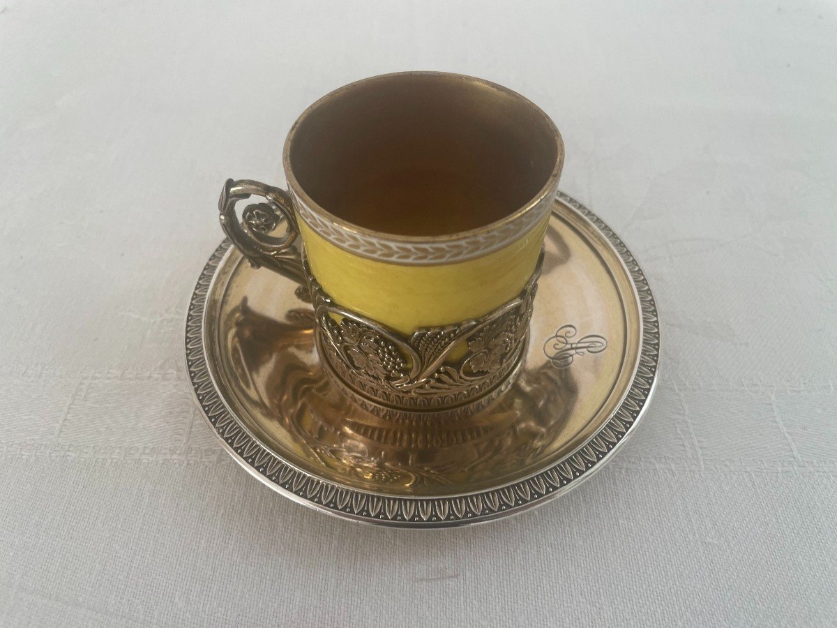 Maison Odiot Et Sèvres Tasse à Café Et Sa Sous-Tasse En Vermeil Et Porcelaine-photo-2