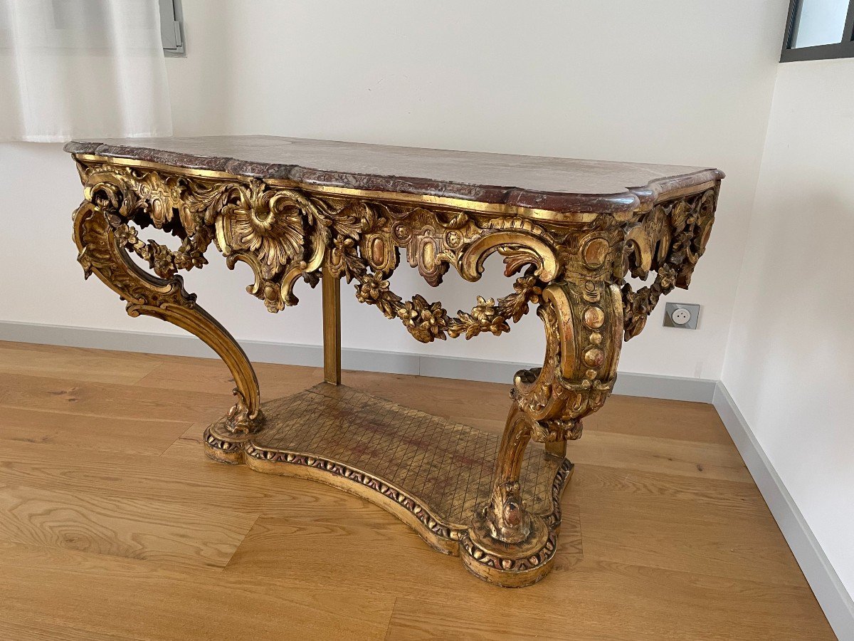 CONSOLE LOUIS XV EN BOIS SCULPTE ET DORE XIX SIECLE-photo-3