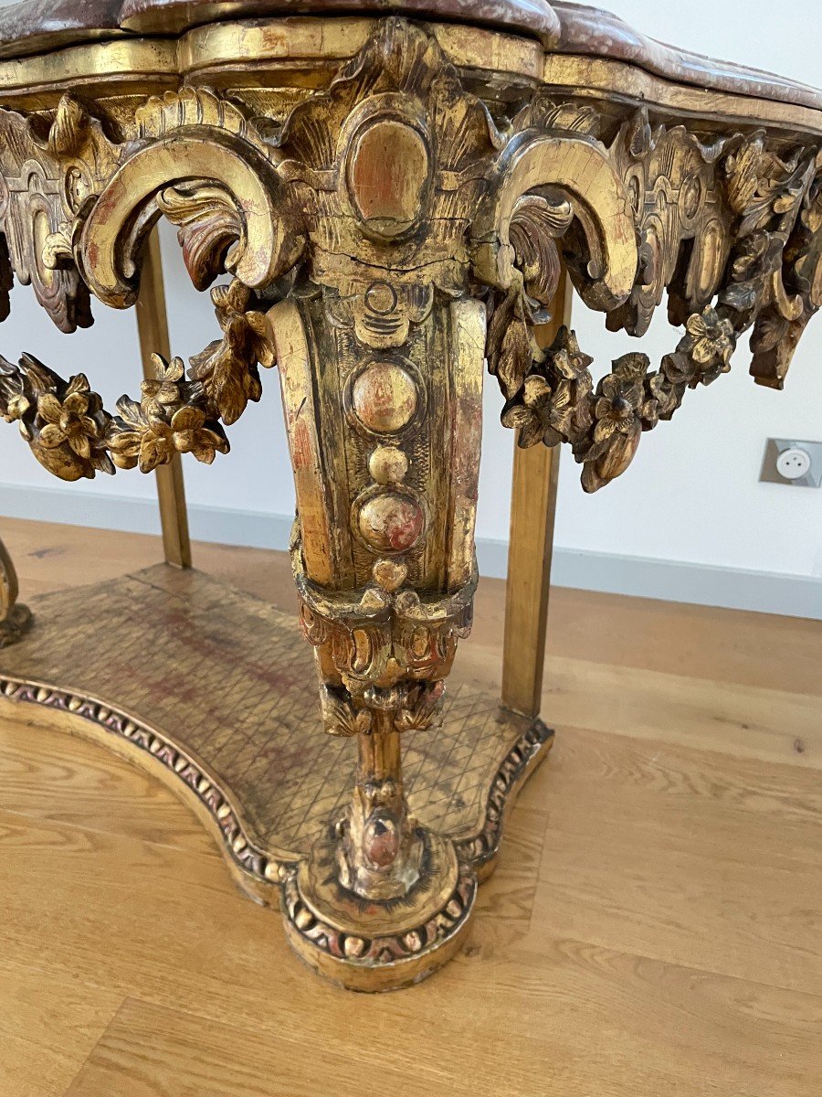 CONSOLE LOUIS XV EN BOIS SCULPTE ET DORE XIX SIECLE-photo-7