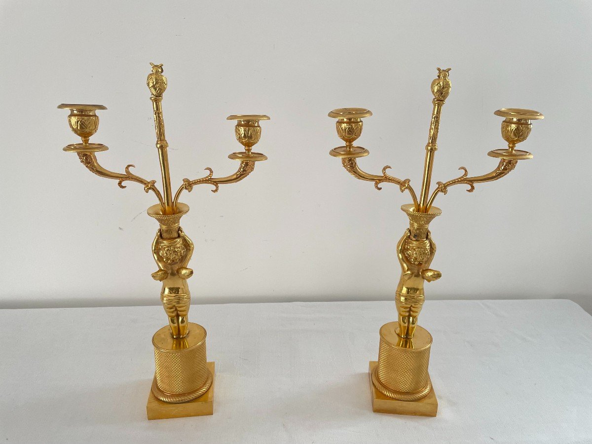 Pair Of Empire Period Candelabra In Gilt Bronze-photo-4