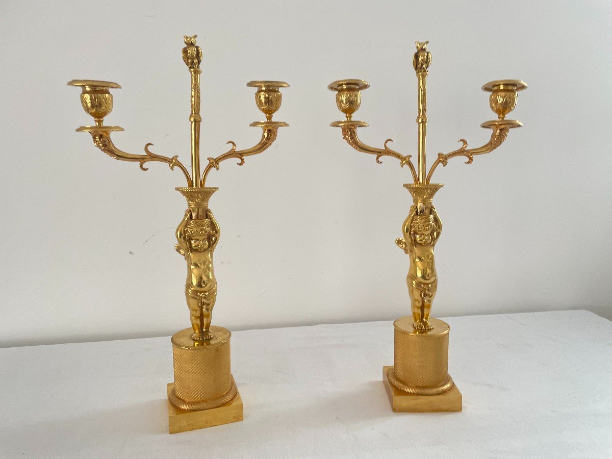 Pair Of Empire Period Candelabra In Gilt Bronze-photo-2