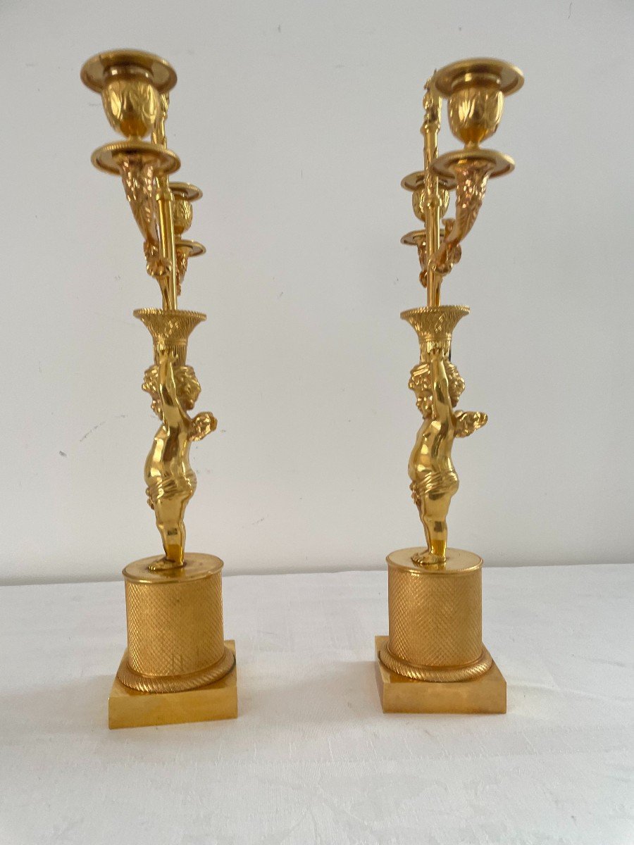 Pair Of Empire Period Candelabra In Gilt Bronze-photo-3