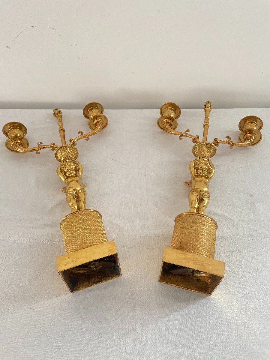 Pair Of Empire Period Candelabra In Gilt Bronze-photo-6