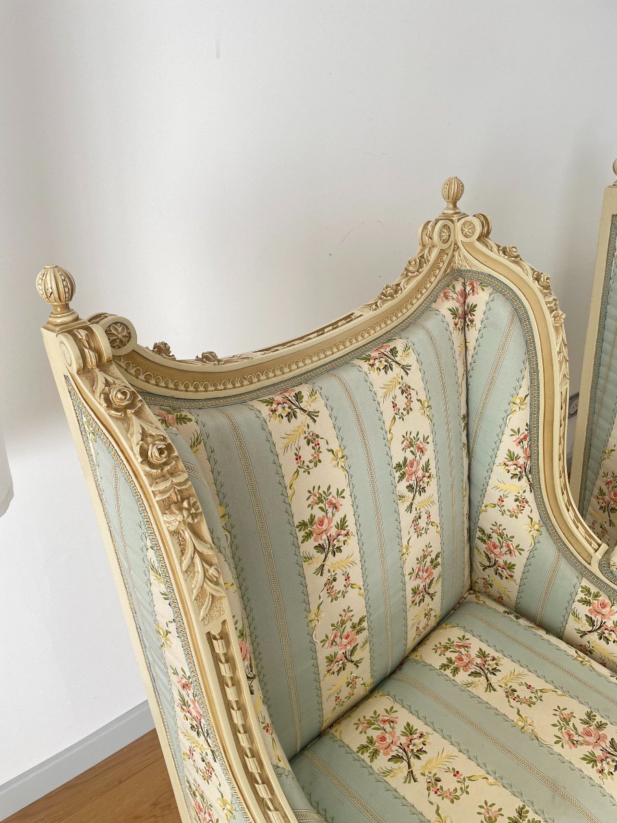 Pair Of Louis XVI Style Bergeres In Lacquered Wood-photo-6