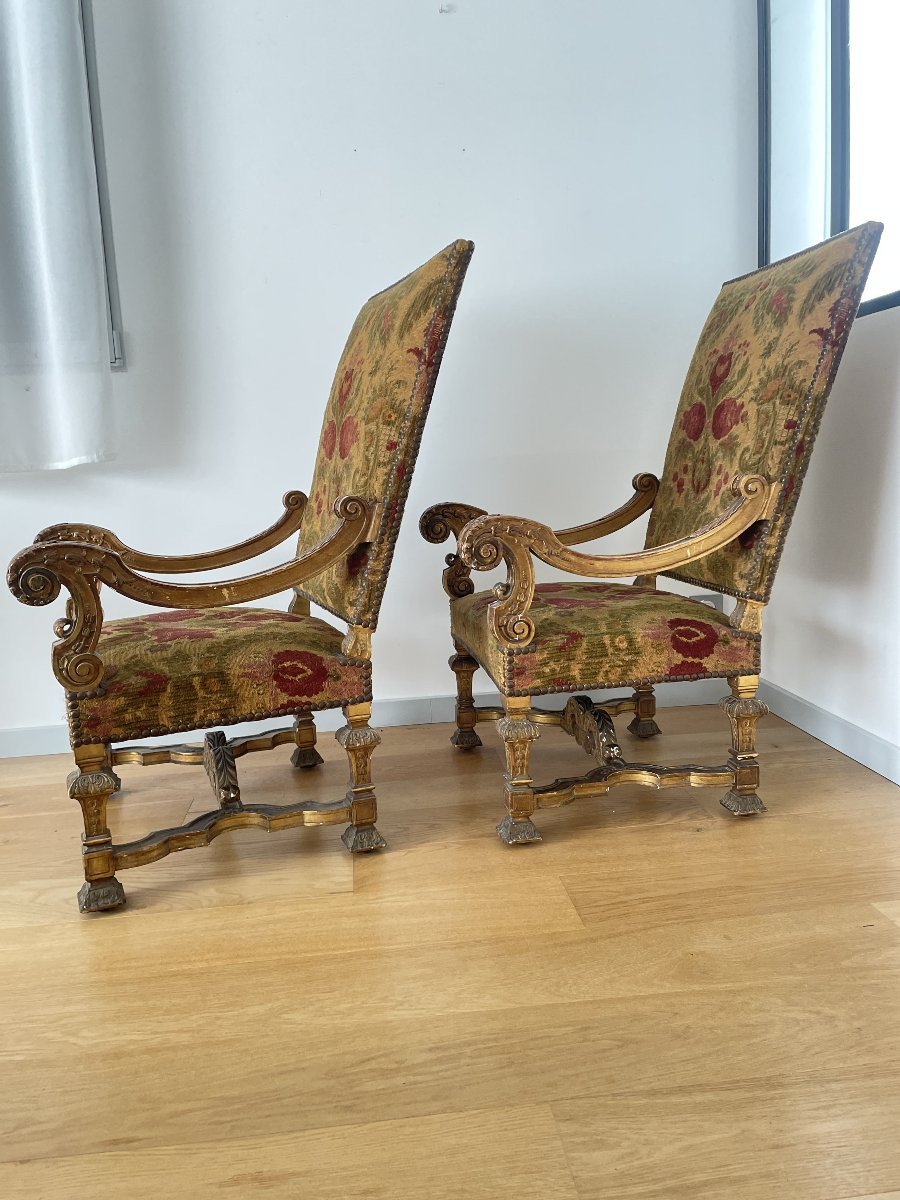 Pair Of Louis XIV Armchairs In Giltwood-photo-3