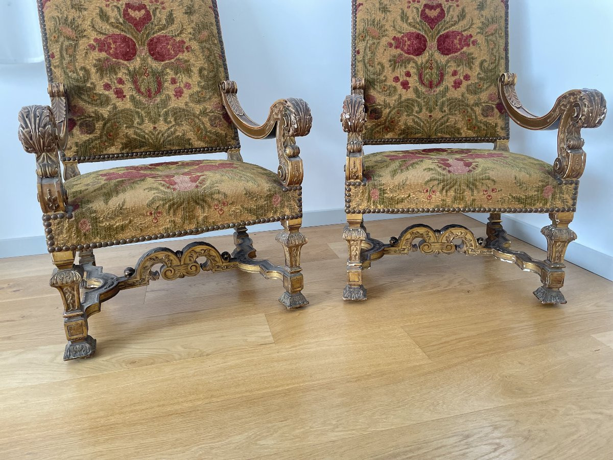 Pair Of Louis XIV Armchairs In Giltwood-photo-4