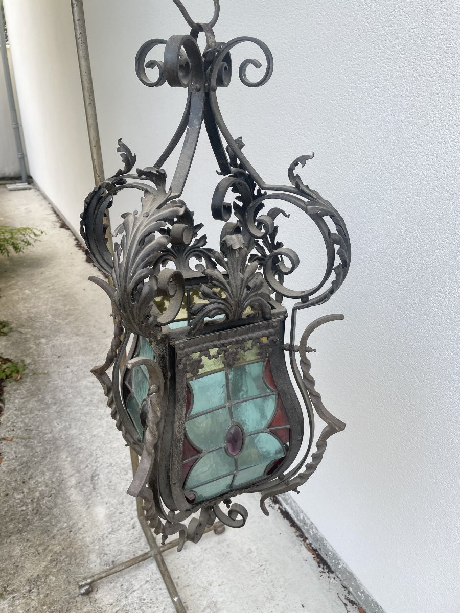 GRANDE LANTERNE DE VESTIBULE  EN FER FORGE ET VITRAUX-photo-3