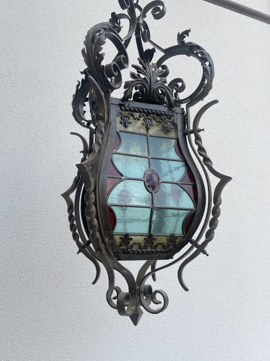 GRANDE LANTERNE DE VESTIBULE  EN FER FORGE ET VITRAUX-photo-1