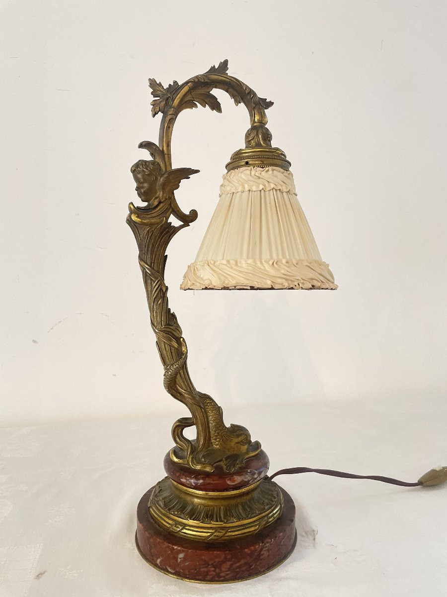 LAMPE EN BRONZE ET MARBRE A  DECOR D'UN POISSON-photo-2