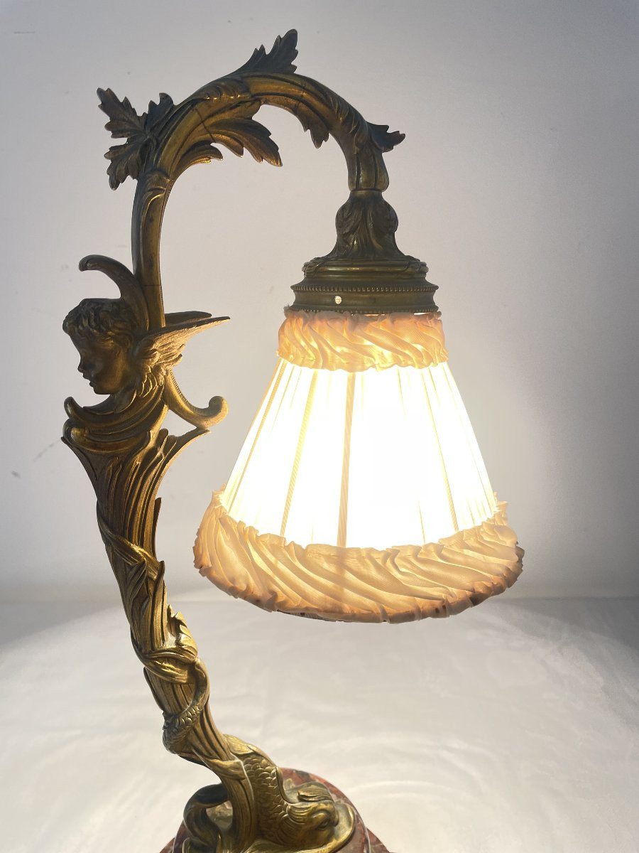 LAMPE EN BRONZE ET MARBRE A  DECOR D'UN POISSON-photo-4
