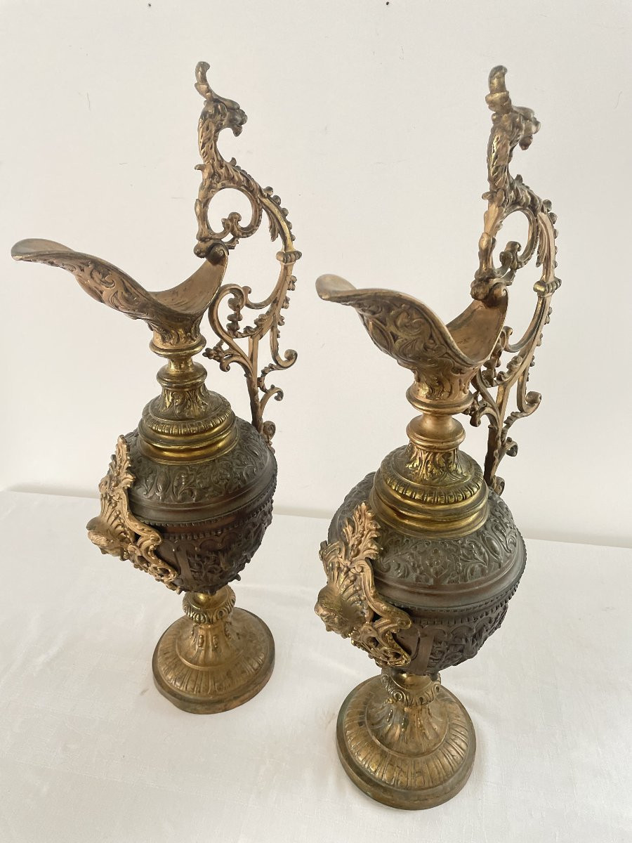 Pair Of Large Bronze Ewers With Double Patina, 19th Century-photo-2