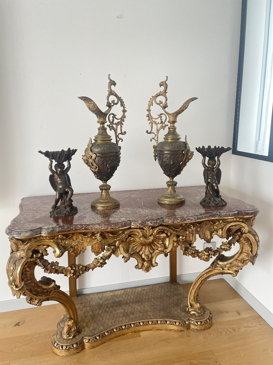 Pair Of Large Bronze Ewers With Double Patina, 19th Century-photo-3