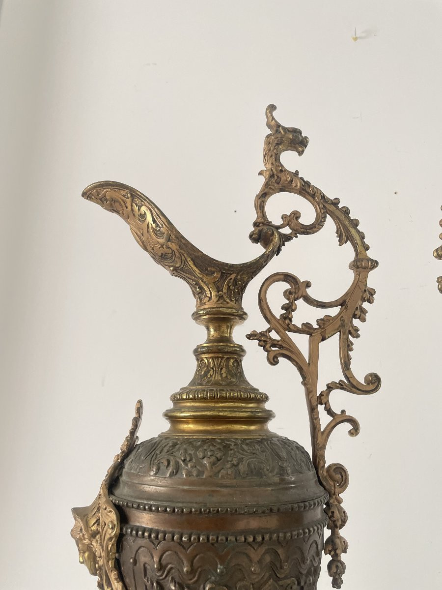 Pair Of Large Bronze Ewers With Double Patina, 19th Century-photo-4