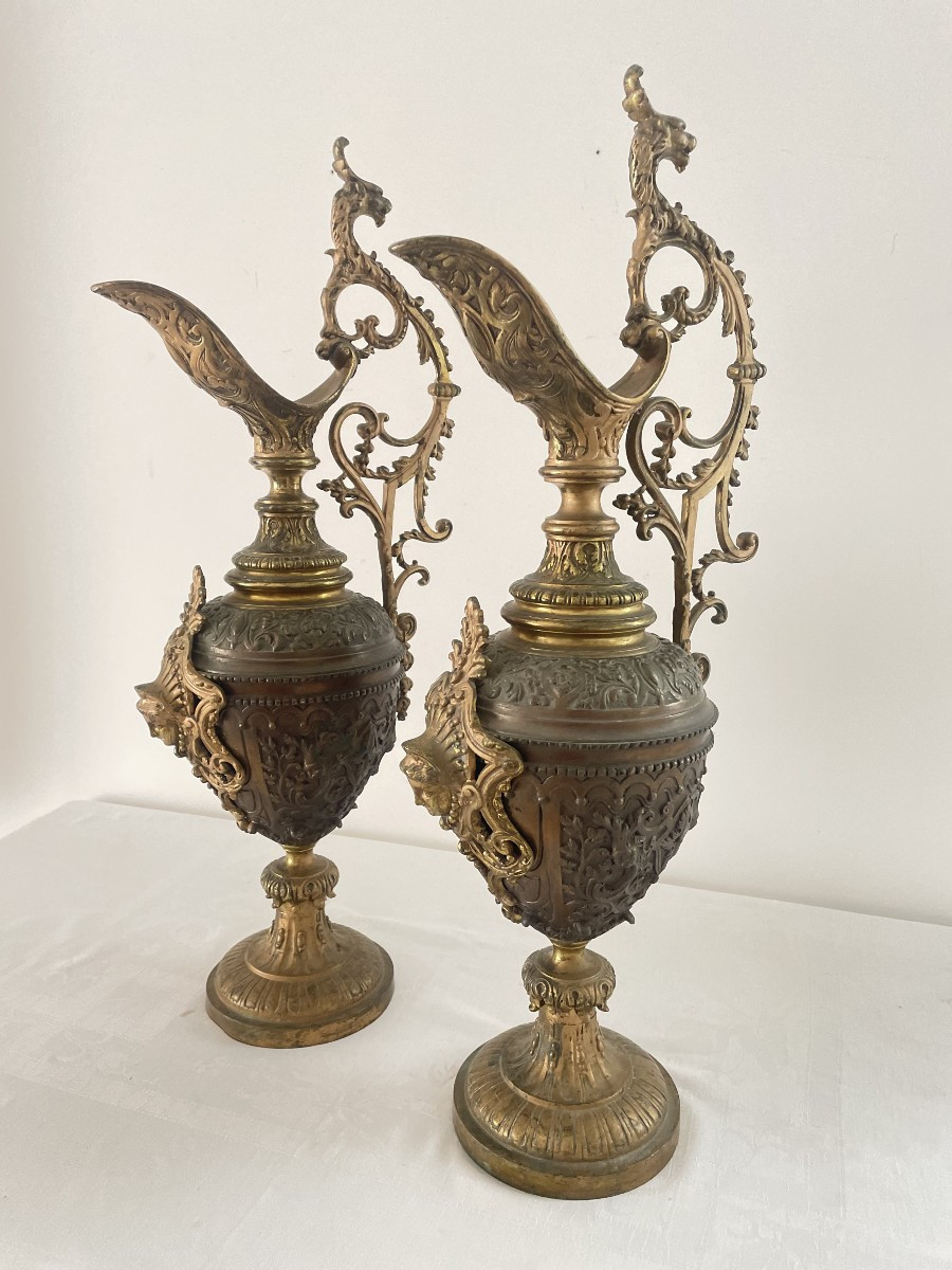 Pair Of Large Bronze Ewers With Double Patina, 19th Century