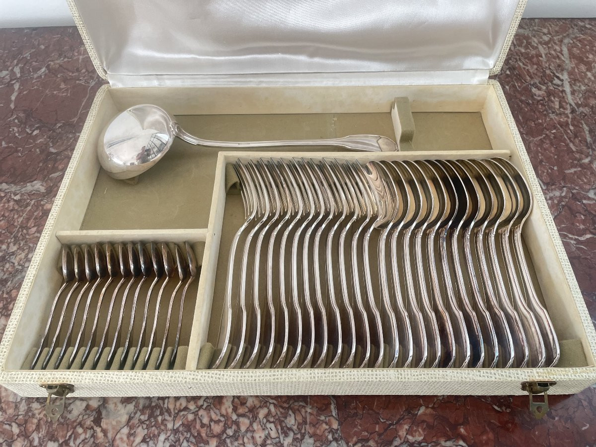 CHRISTOFLE MENAGERE EN METAL ARGENTE MODELE "UNIPLAT"-photo-3