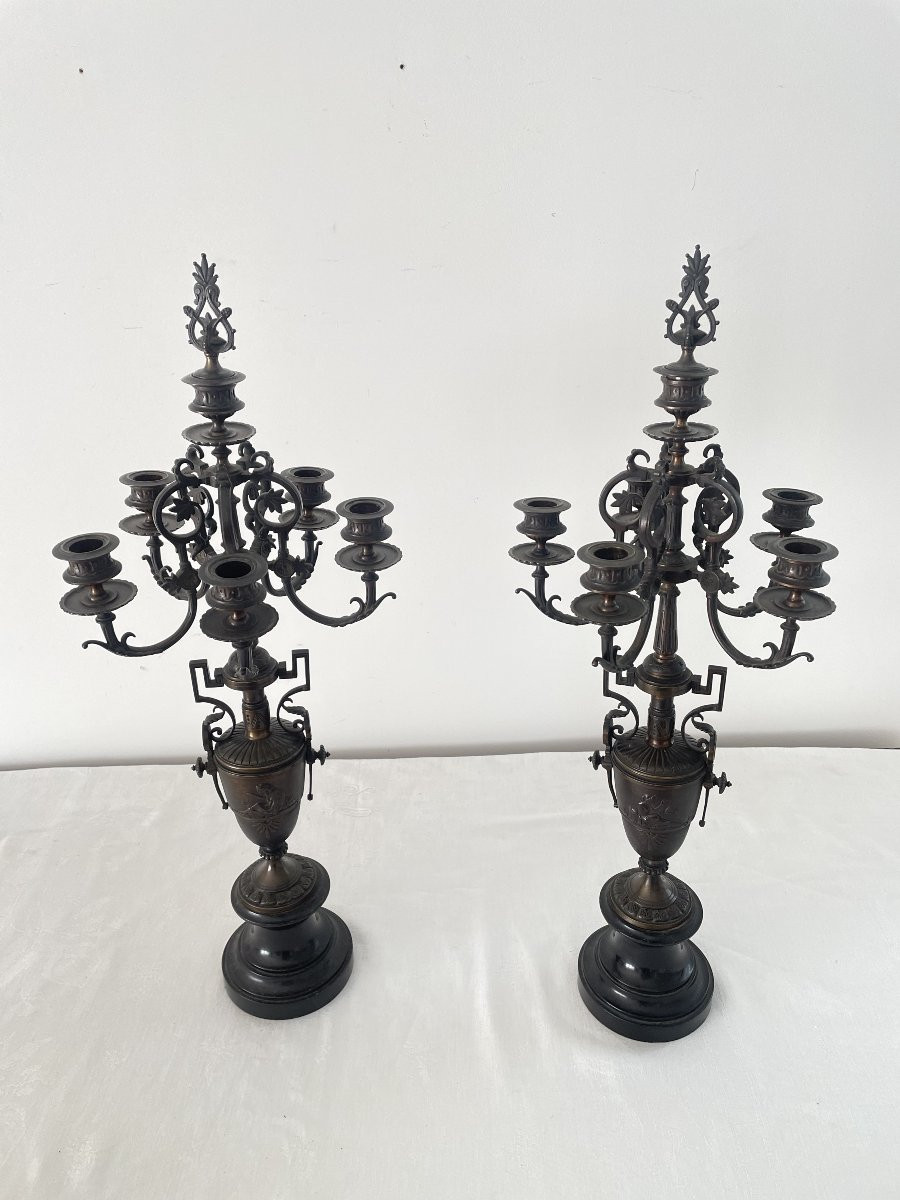 PAIRE DE GRANDS CANDELABRES EN BRONZE ET MARBRE XIX SIECLE-photo-2