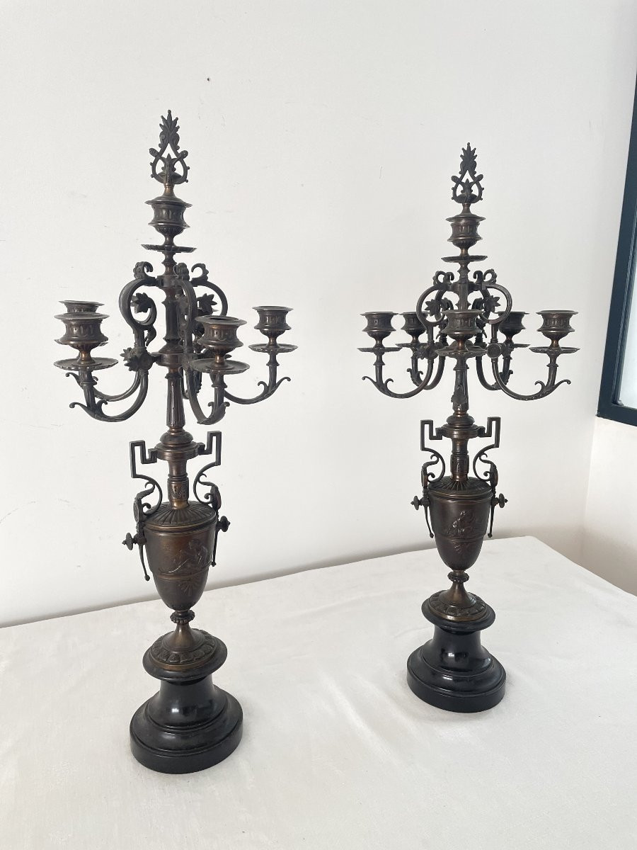 PAIRE DE GRANDS CANDELABRES EN BRONZE ET MARBRE XIX SIECLE-photo-4