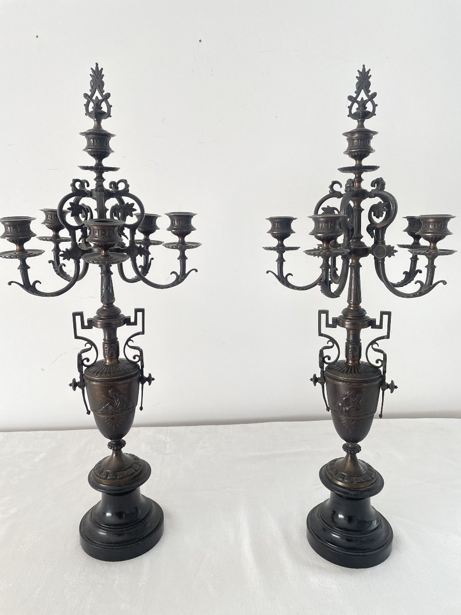 PAIRE DE GRANDS CANDELABRES EN BRONZE ET MARBRE XIX SIECLE-photo-1