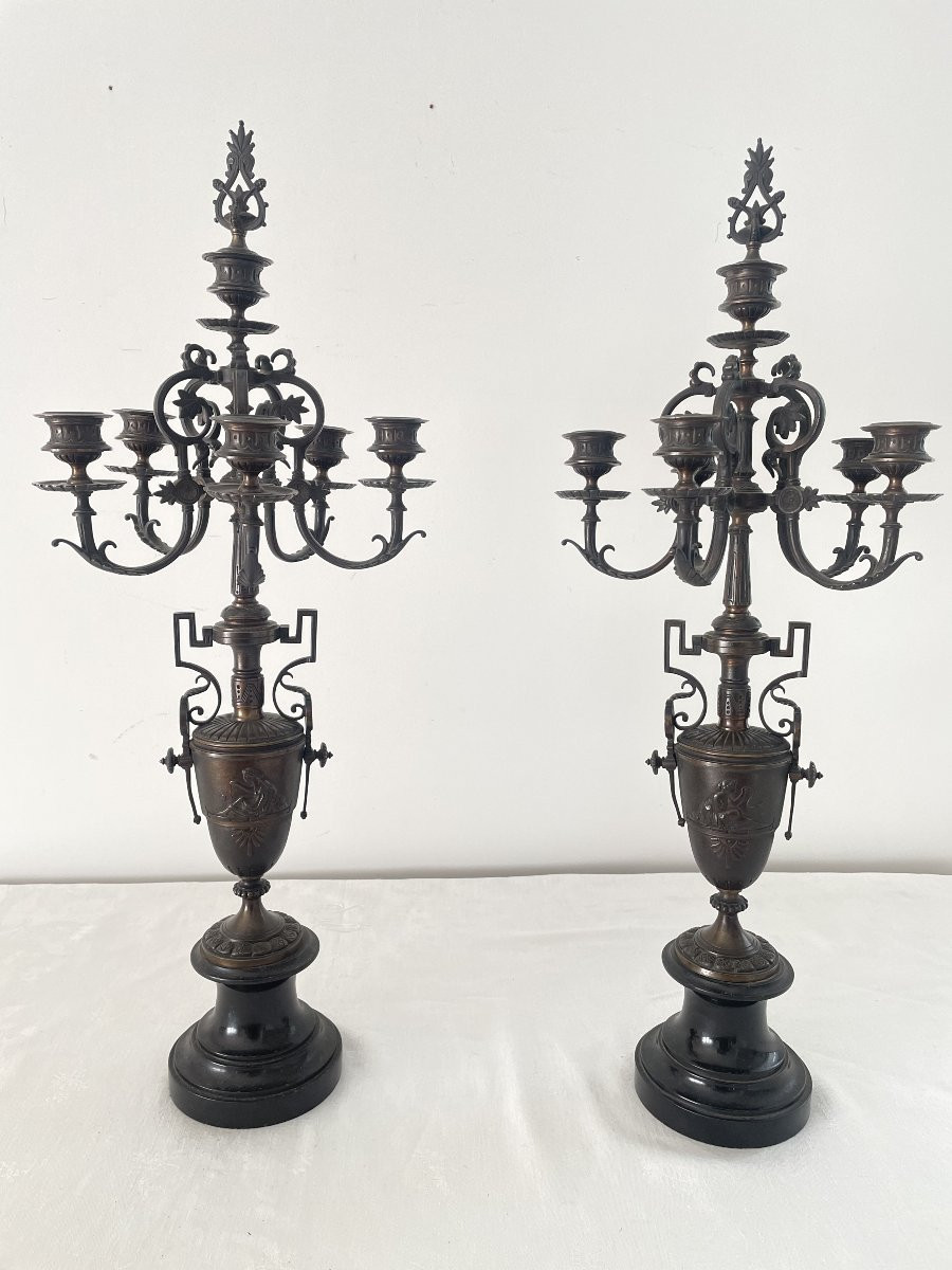 PAIRE DE GRANDS CANDELABRES EN BRONZE ET MARBRE XIX SIECLE-photo-6