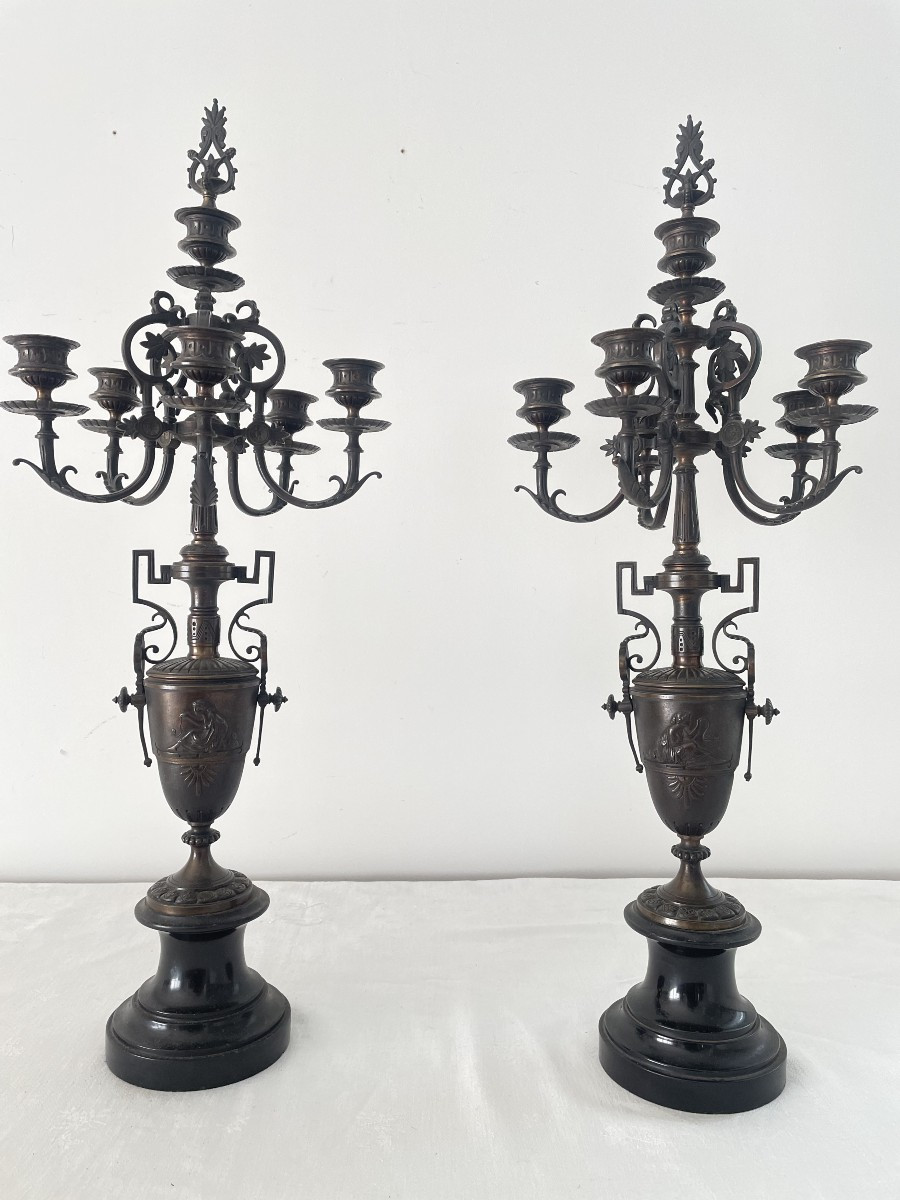 PAIRE DE GRANDS CANDELABRES EN BRONZE ET MARBRE XIX SIECLE