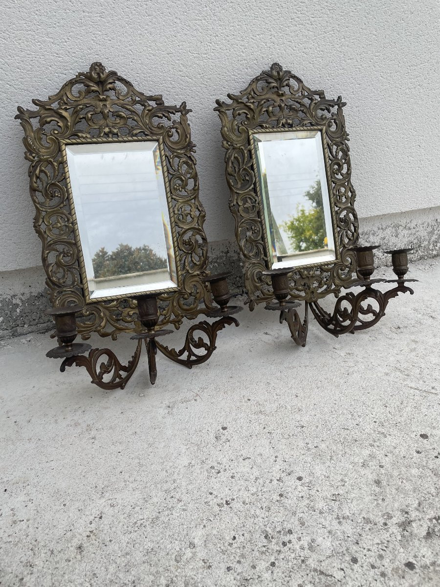 PAIRE D'APPLIQUES MIROIRS EN BRONZE XIX SIECLE-photo-2