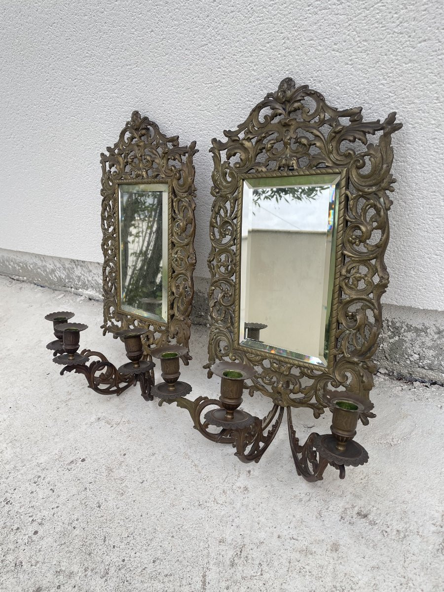 PAIRE D'APPLIQUES MIROIRS EN BRONZE XIX SIECLE-photo-4