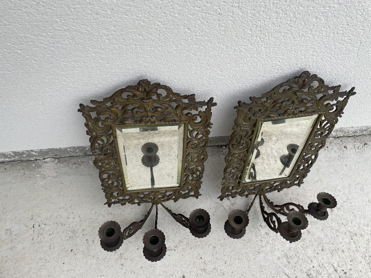 PAIRE D'APPLIQUES MIROIRS EN BRONZE XIX SIECLE-photo-1
