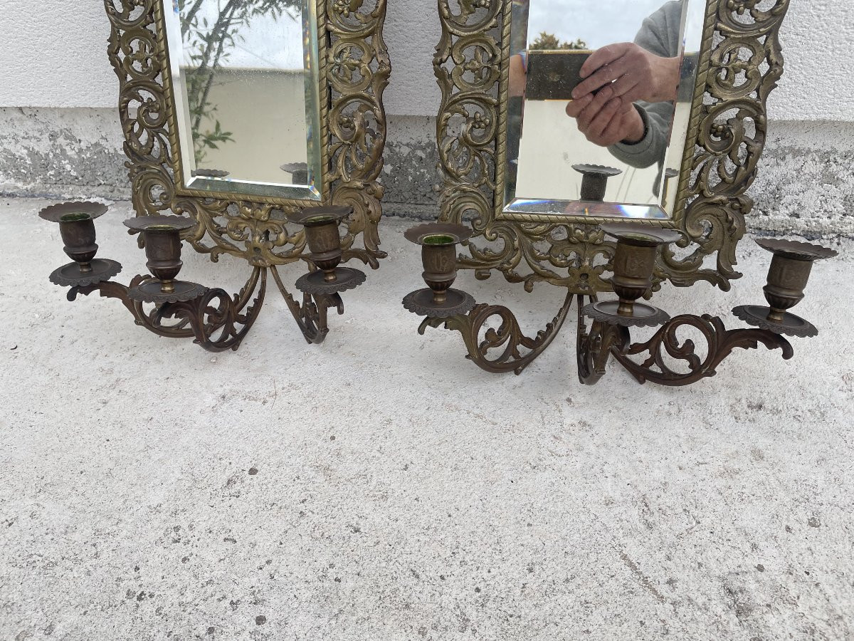 PAIRE D'APPLIQUES MIROIRS EN BRONZE XIX SIECLE-photo-4