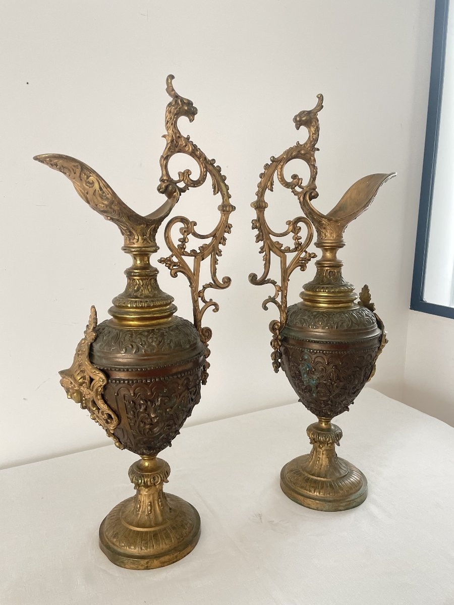 Pair Of Large Bronze Ewers With Double Patina, 19th Century-photo-3