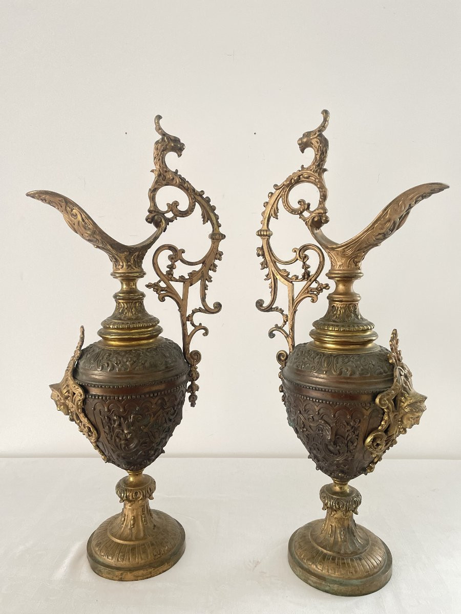 Pair Of Large Bronze Ewers With Double Patina, 19th Century-photo-7