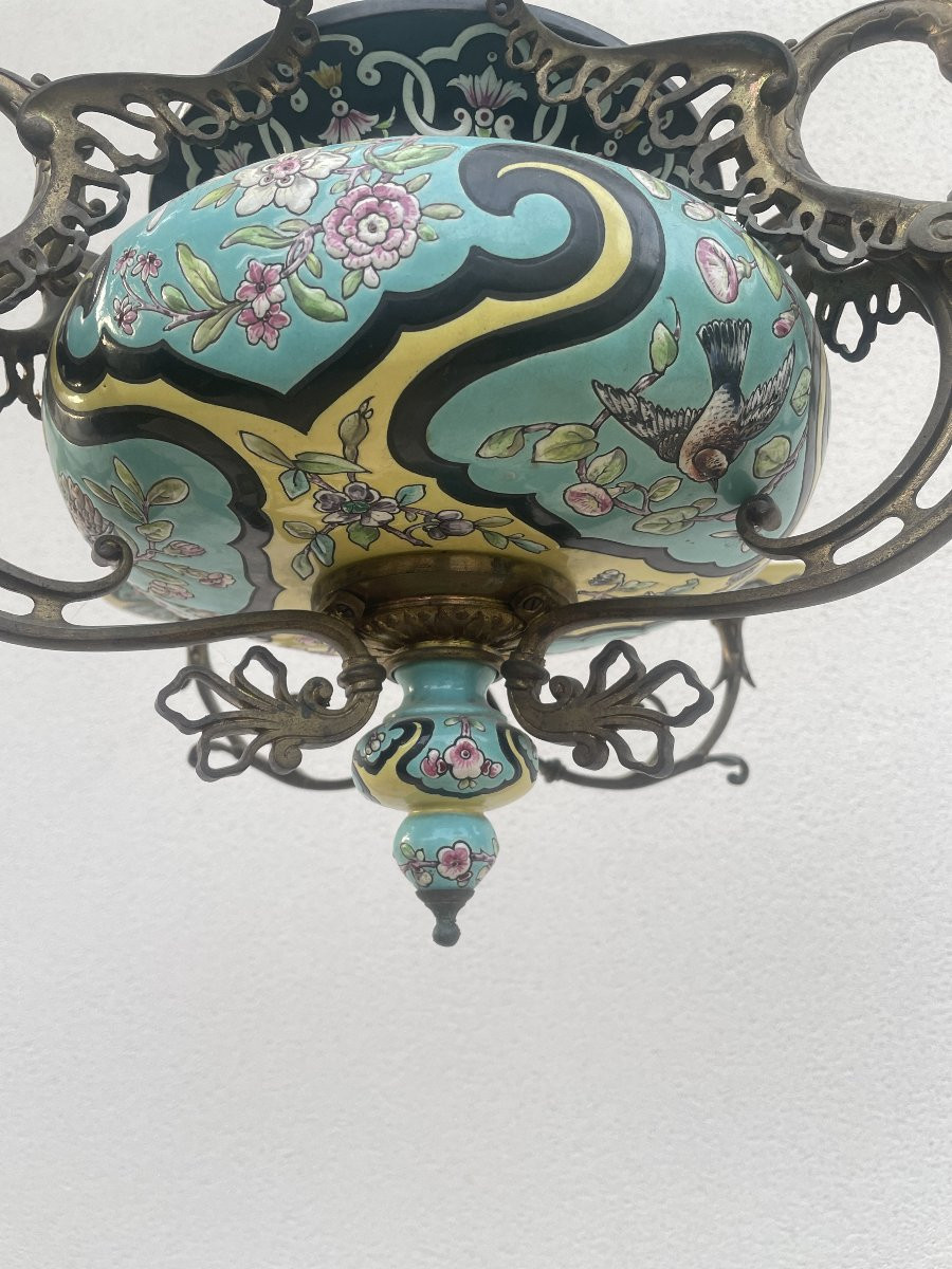 LUSTRE EN FAIENCE ET BRONZE XIX SIECLE-photo-2