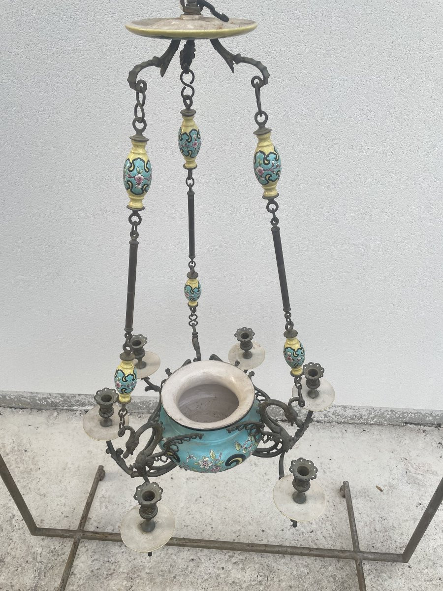 LUSTRE EN FAIENCE ET BRONZE XIX SIECLE-photo-4