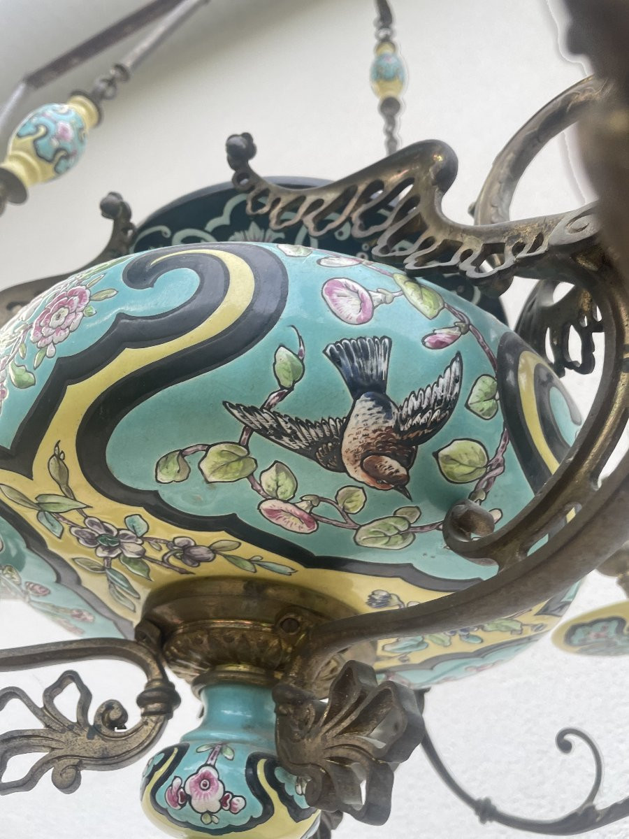 LUSTRE EN FAIENCE ET BRONZE XIX SIECLE-photo-1