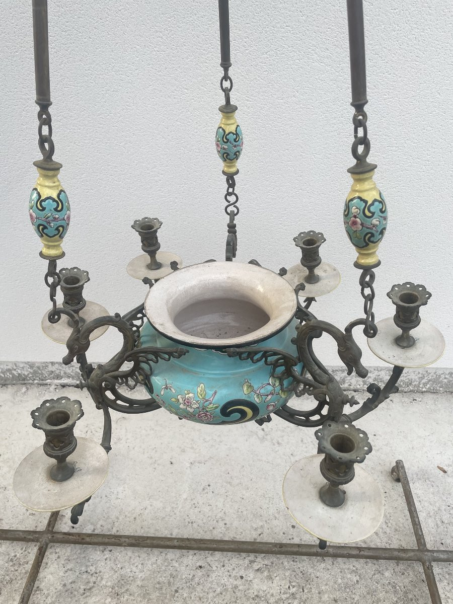 LUSTRE EN FAIENCE ET BRONZE XIX SIECLE-photo-2