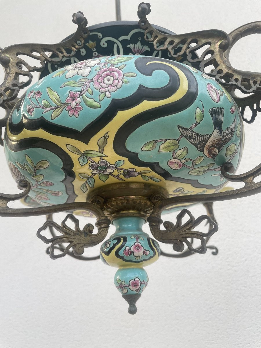 LUSTRE EN FAIENCE ET BRONZE XIX SIECLE-photo-3