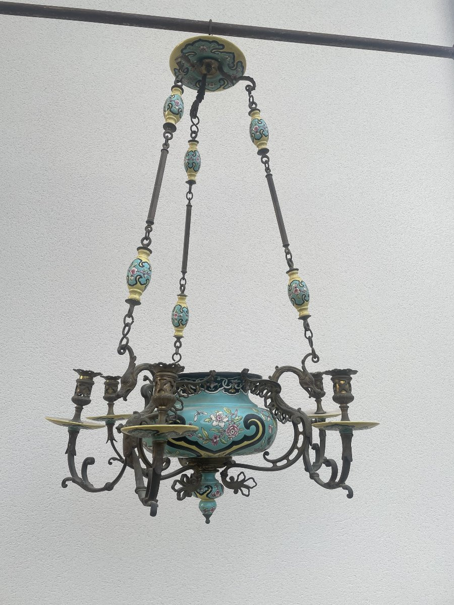 LUSTRE EN FAIENCE ET BRONZE XIX SIECLE-photo-5