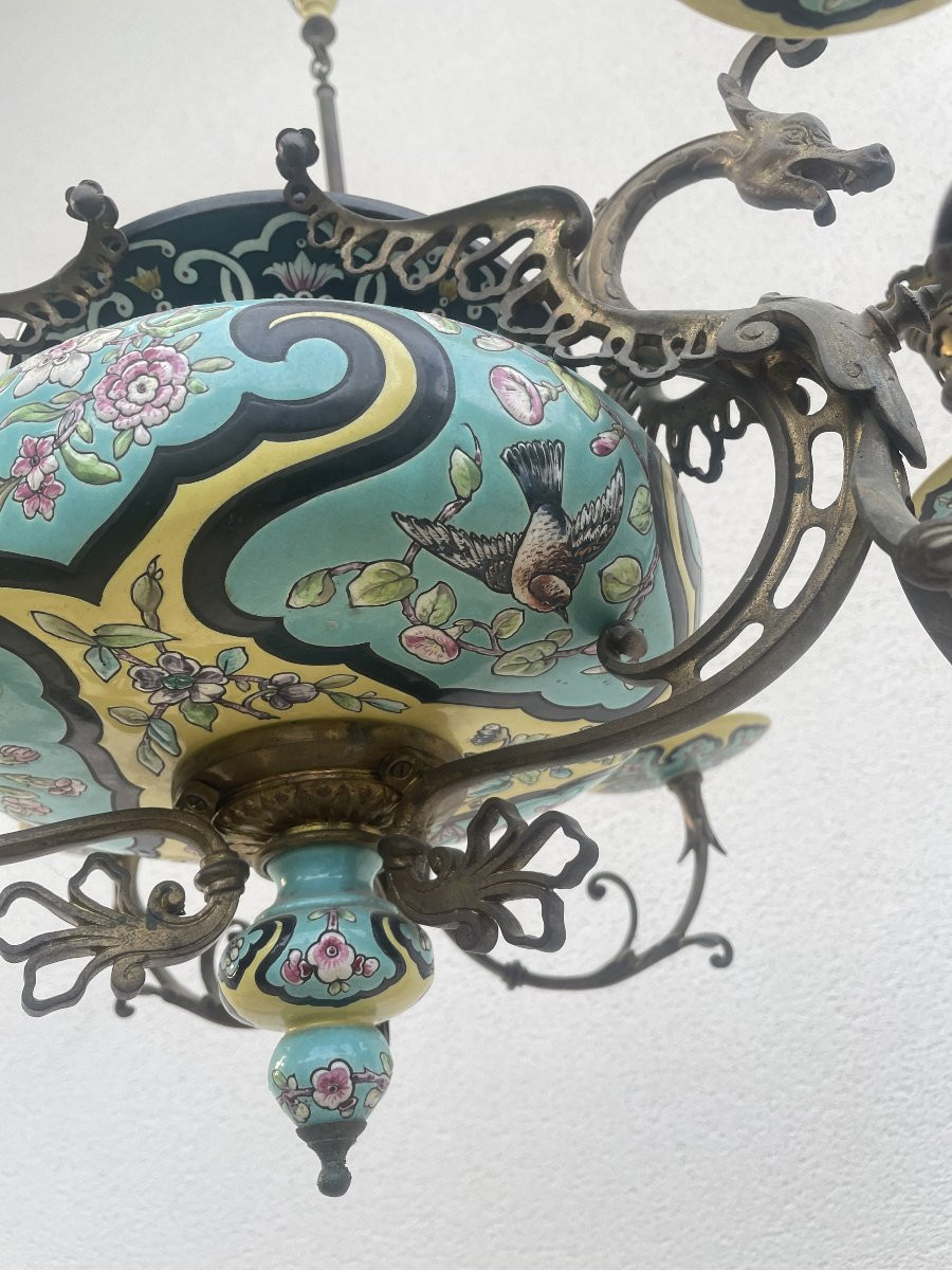 LUSTRE EN FAIENCE ET BRONZE XIX SIECLE-photo-6