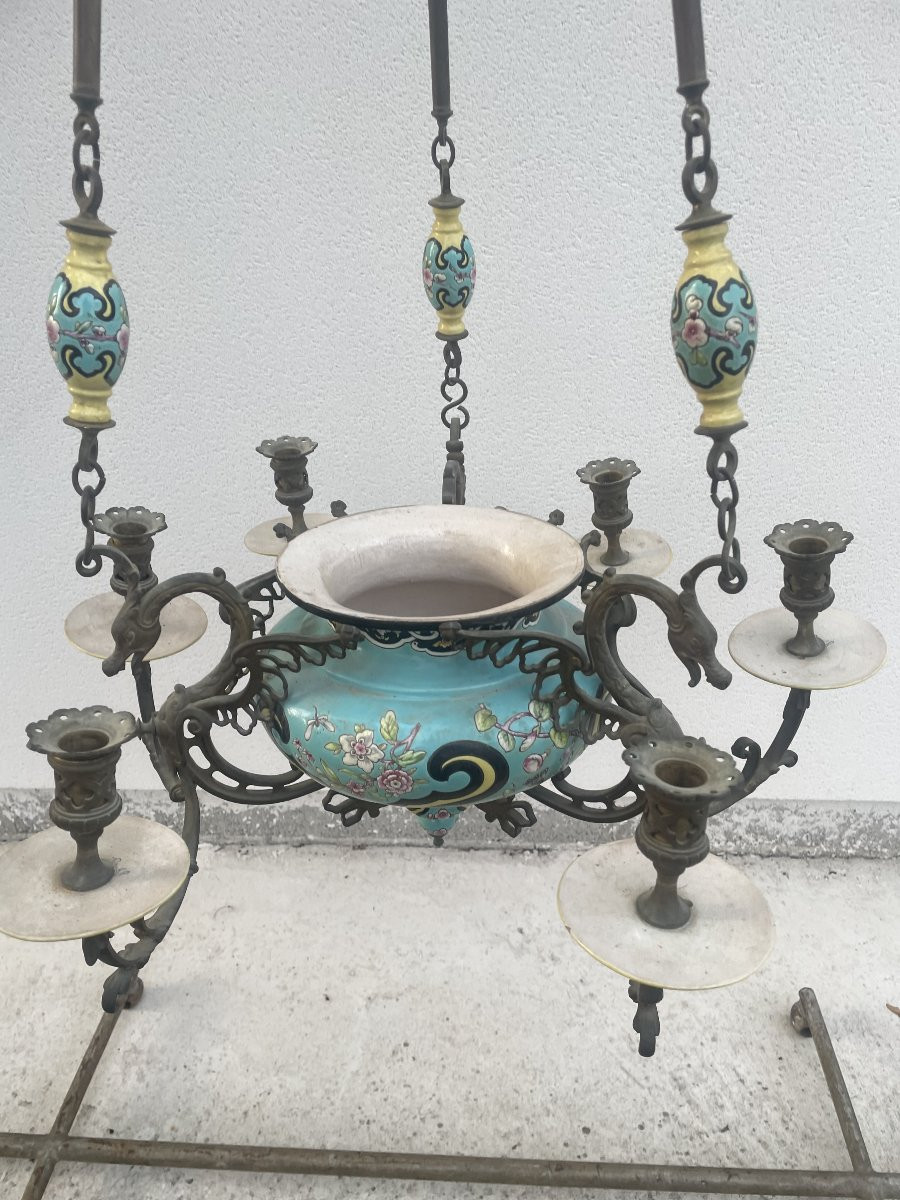 LUSTRE EN FAIENCE ET BRONZE XIX SIECLE-photo-8