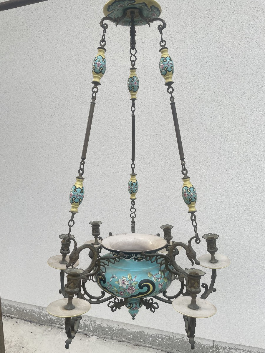 LUSTRE EN FAIENCE ET BRONZE XIX SIECLE