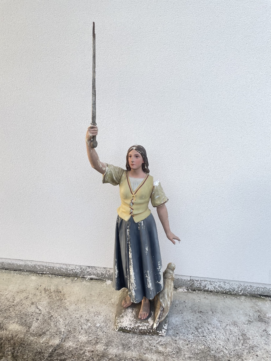 JEANNE D’ARC EN PAYSANNE GRANDE STATUE EN PLÂTRE XIX SIECLE 